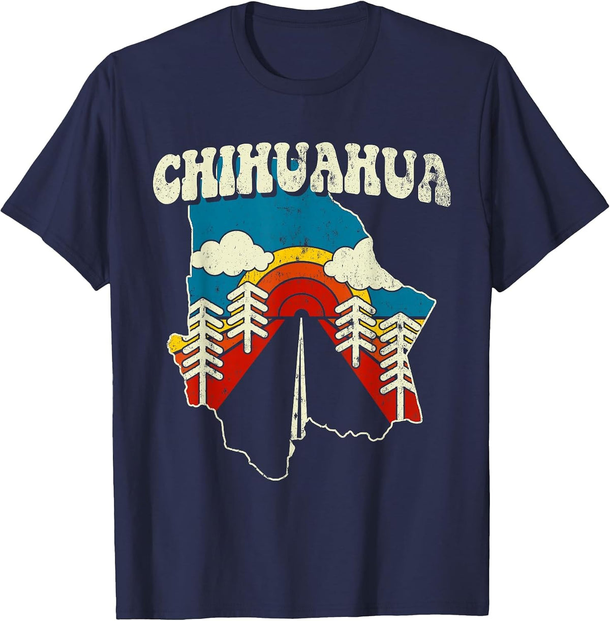 Chihuahua Vintage Mexican State Rainbow Mexico Retro 70s Map T-Shirt - Navy Blue