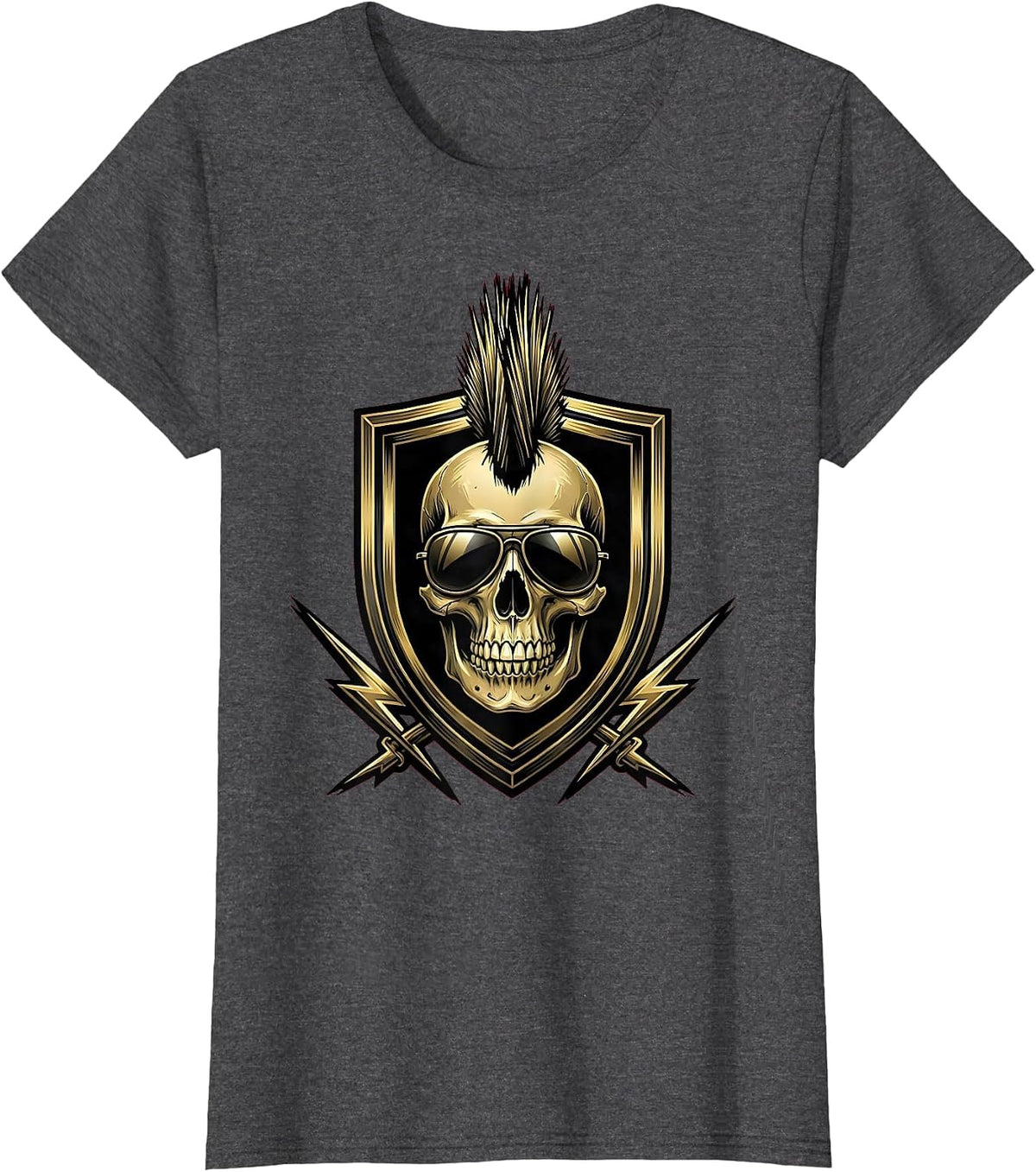 Women's 80s Band Mohawk Skull Aviator Sunglasses Design T-Shirt - Dark Heather Grey