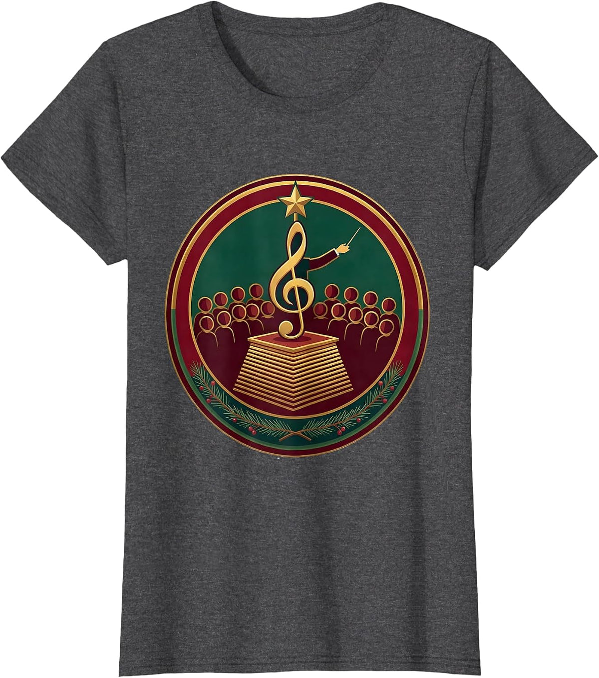 Women's Christmas Treble Clef Music Teacher Podium Badge T-Shirt - Dark Heather Grey