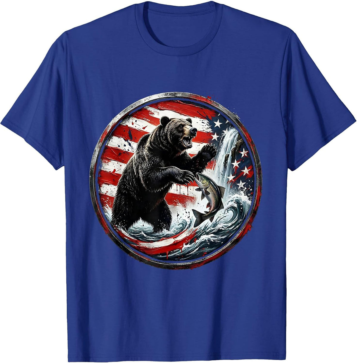 Men's Bear Catching Salmon in Rushing Waterfall T-Shirt - Royal Blue