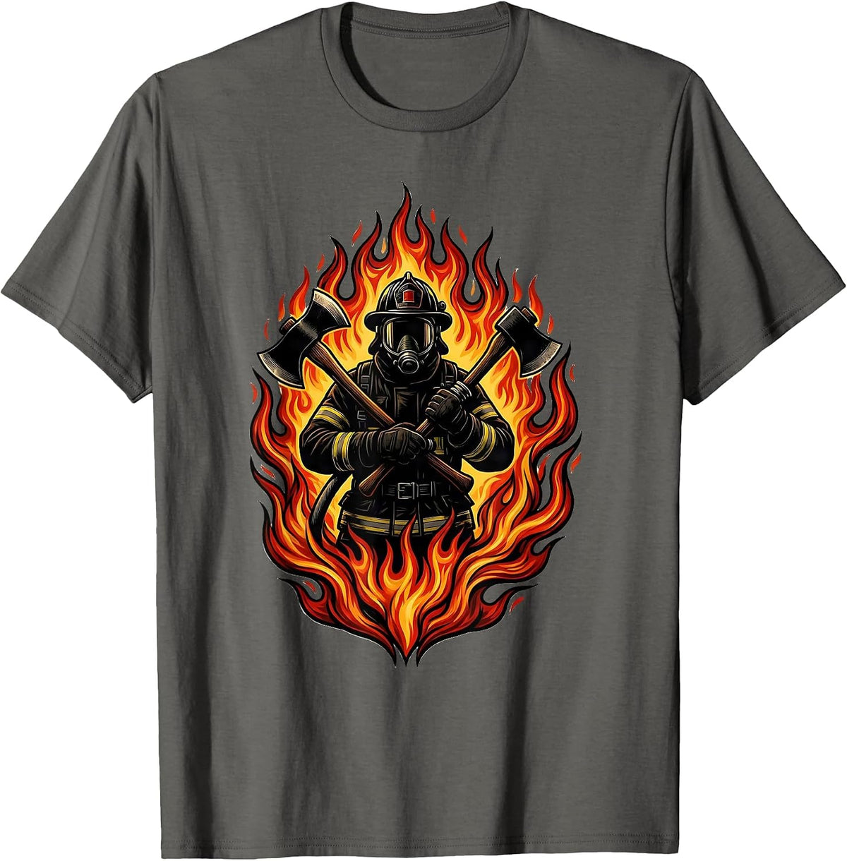 Firefighter Silhouette Against Wall of Flames T-Shirt - Asphalt Grey