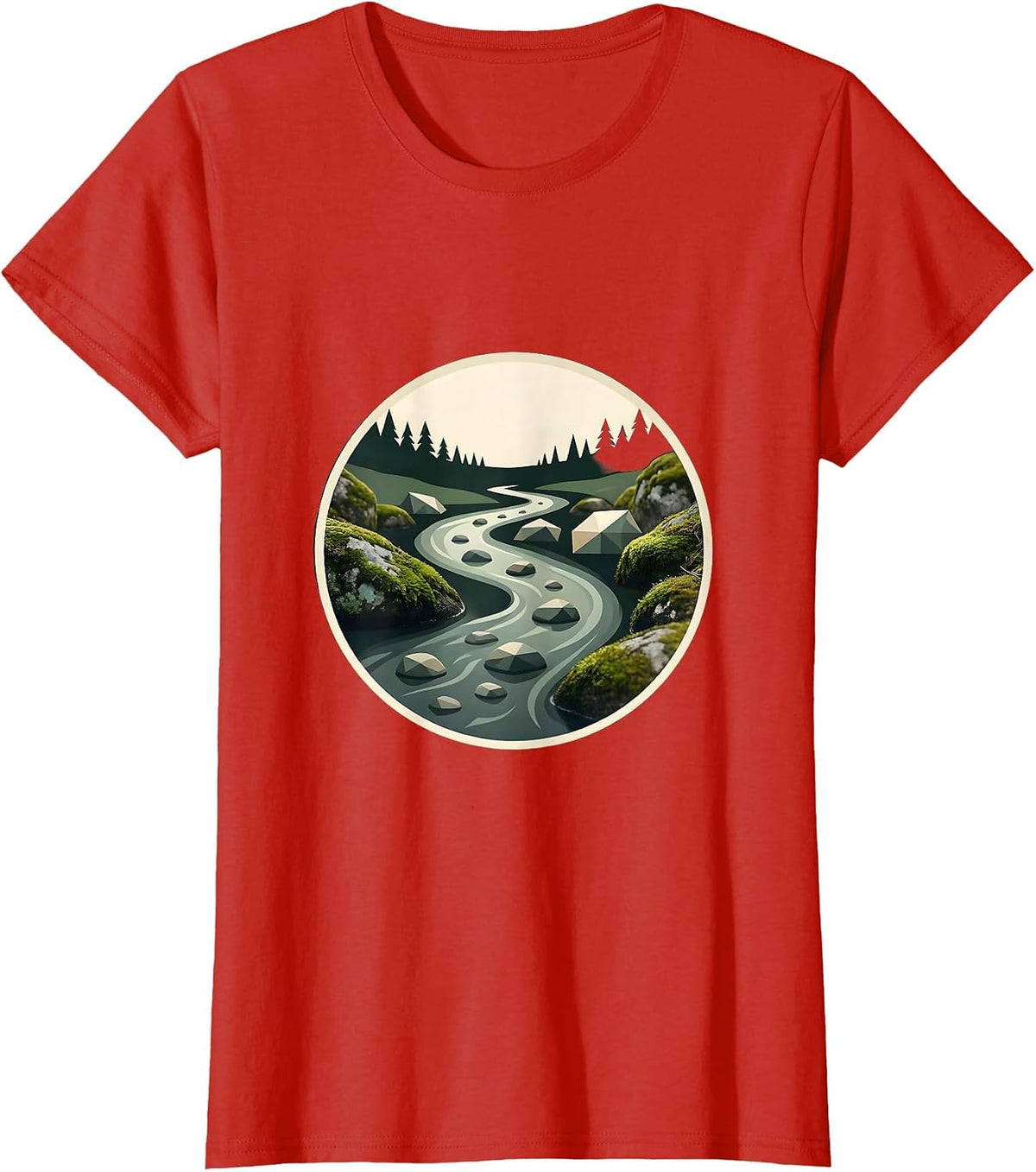 Women's Creek Winding Through Mossy River Stones T-Shirt - Red