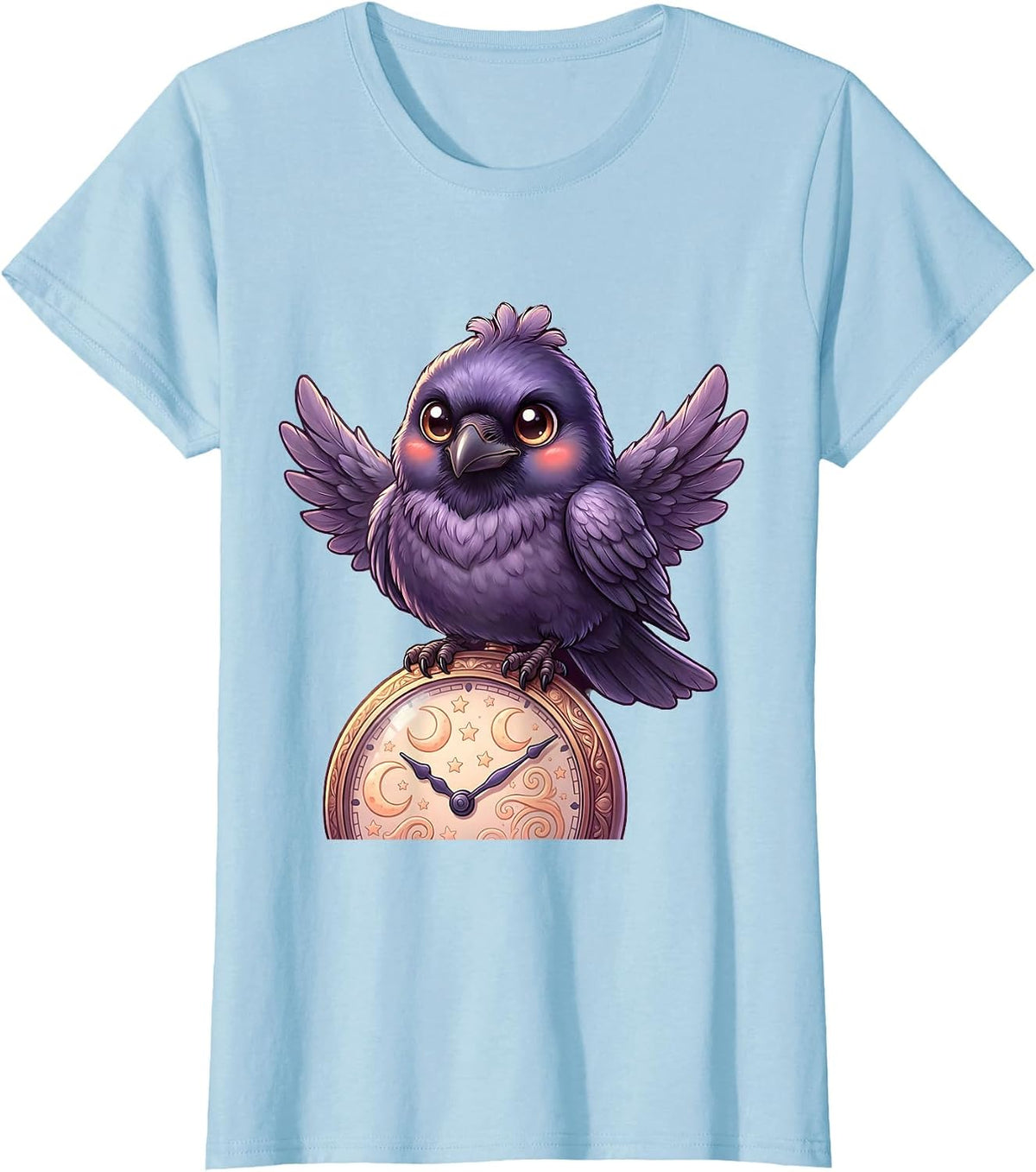Raven With Pocket Watch Halloween Gothic Art T-Shirt - Baby Blue