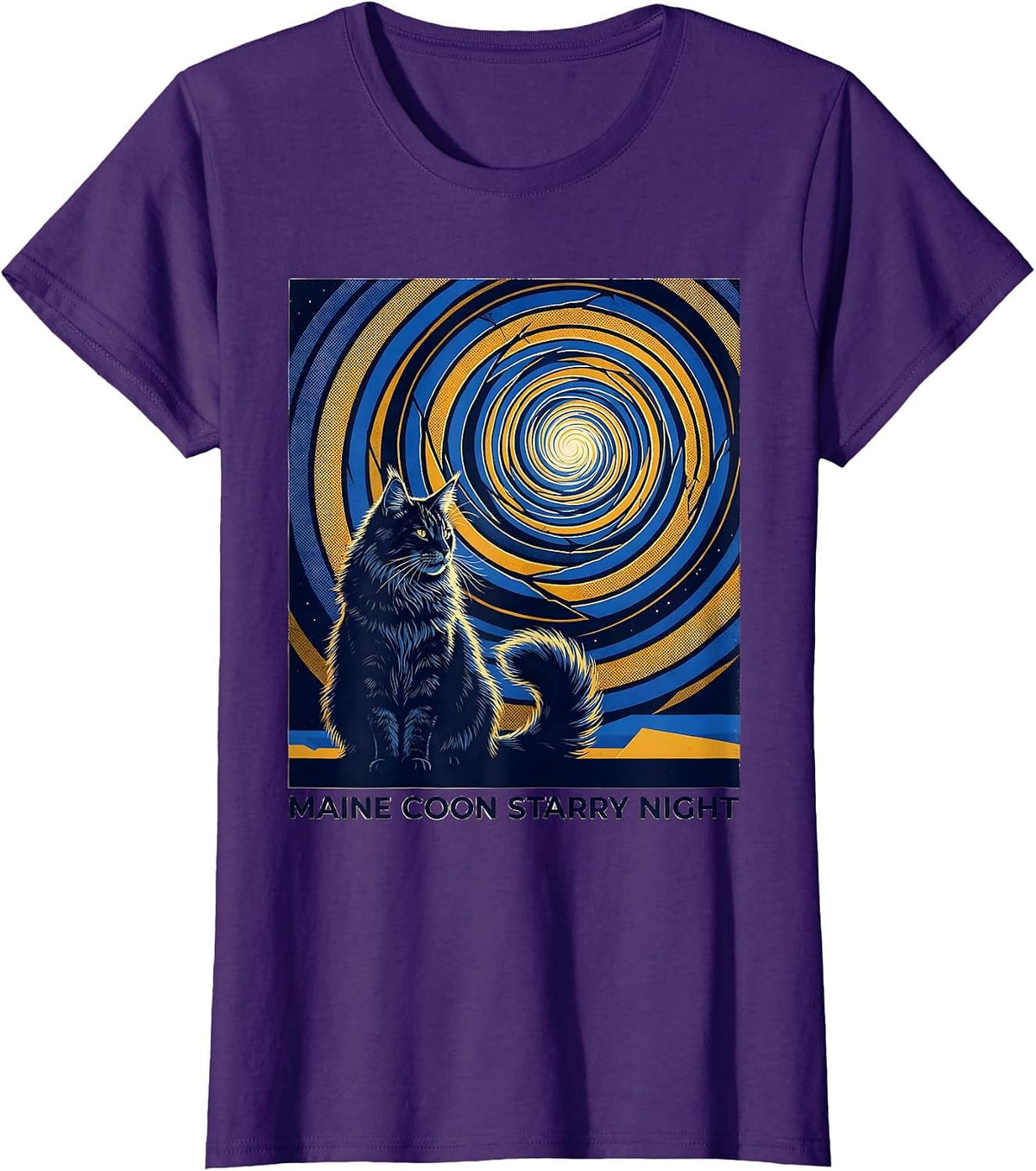 Women's Maine Coon Starry Night Whimsical Van Gogh Cat Lover Art T-Shirt - Purple