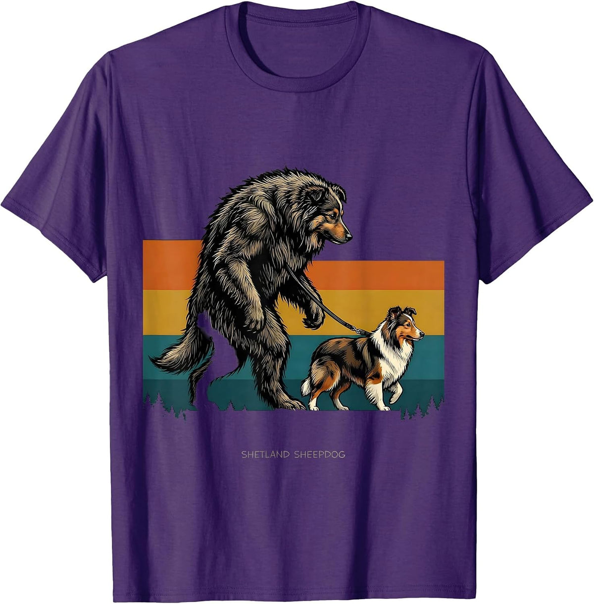 Shetland Sheepdog Bigfoot Retro Cryptid Dog Lover Novelty T-Shirt - Purple