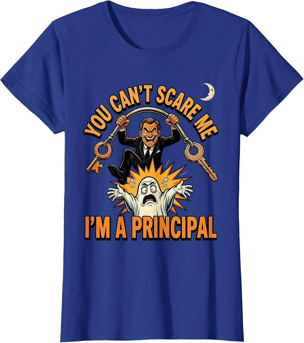 Women's You Can't Scare Me I'm A Principal Funny Halloween Cartoon T-Shirt - Royal Blue