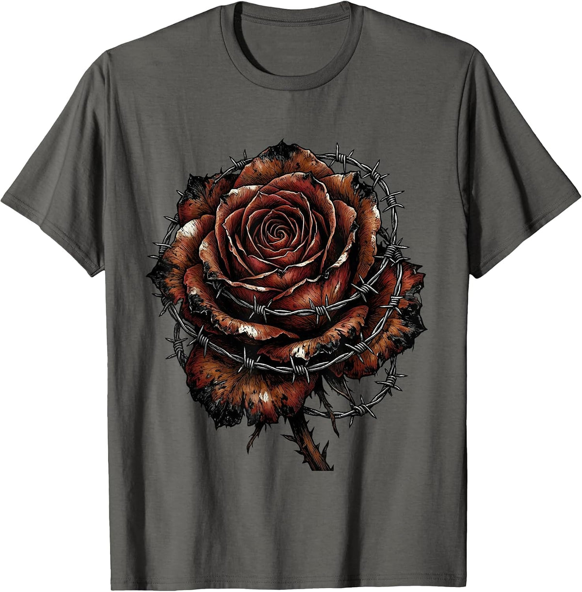 Rotting Rose Razor Wire Grunge Graphic T-Shirt - Asphalt Grey