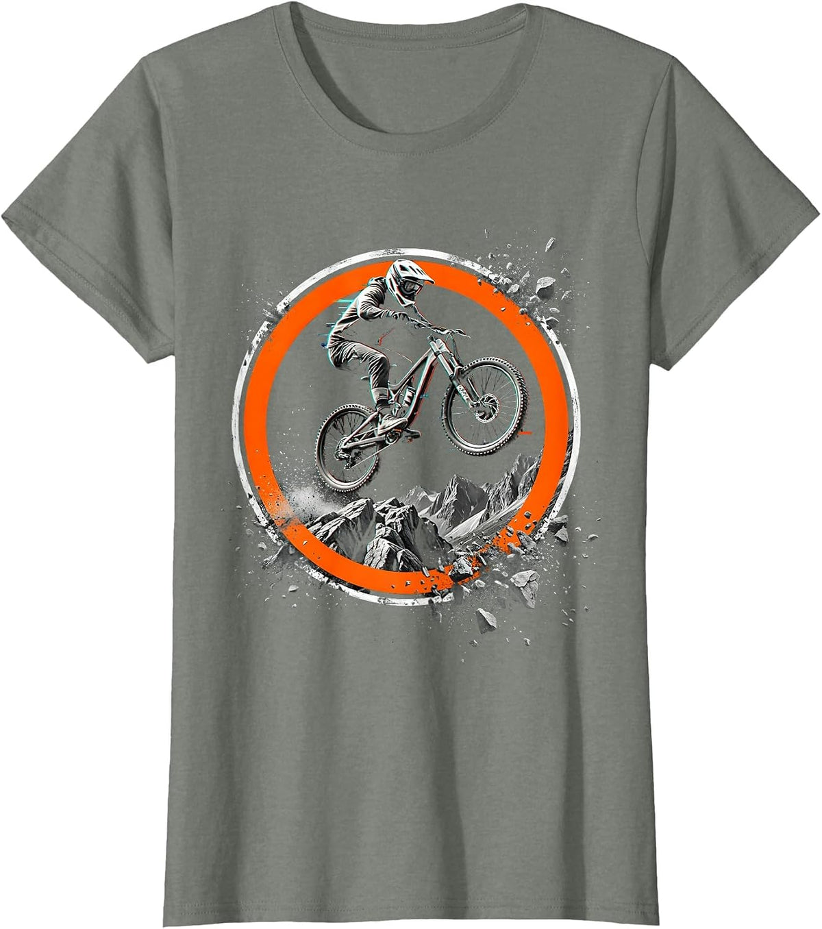 Mountain Biker Airborne Over Rocky Terrain Graphic T-Shirt - Olive Heather