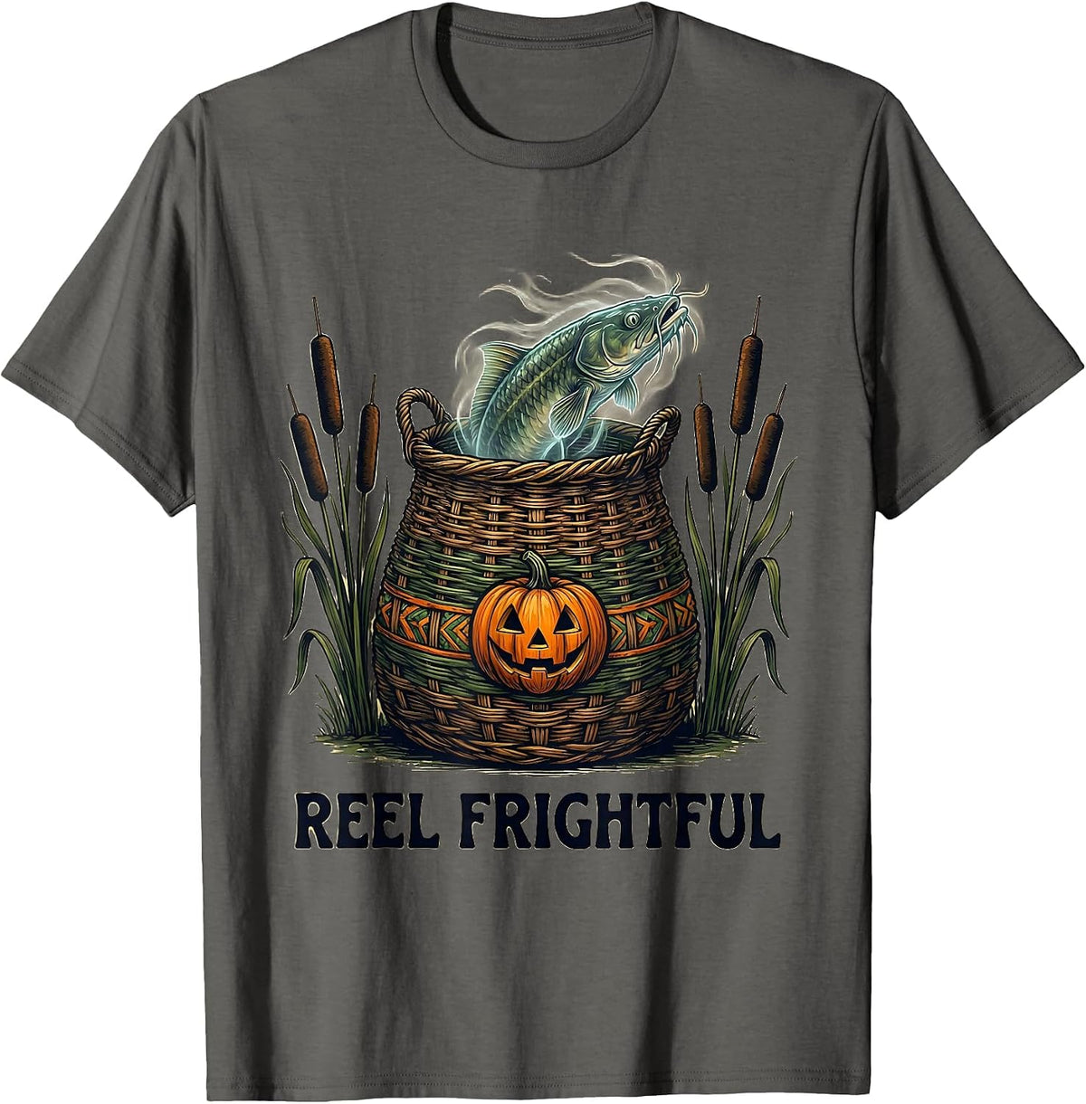 Men's Reel Frightful Folk Art Halloween Fishing Ghostly Catfish T-Shirt - Asphalt Grey