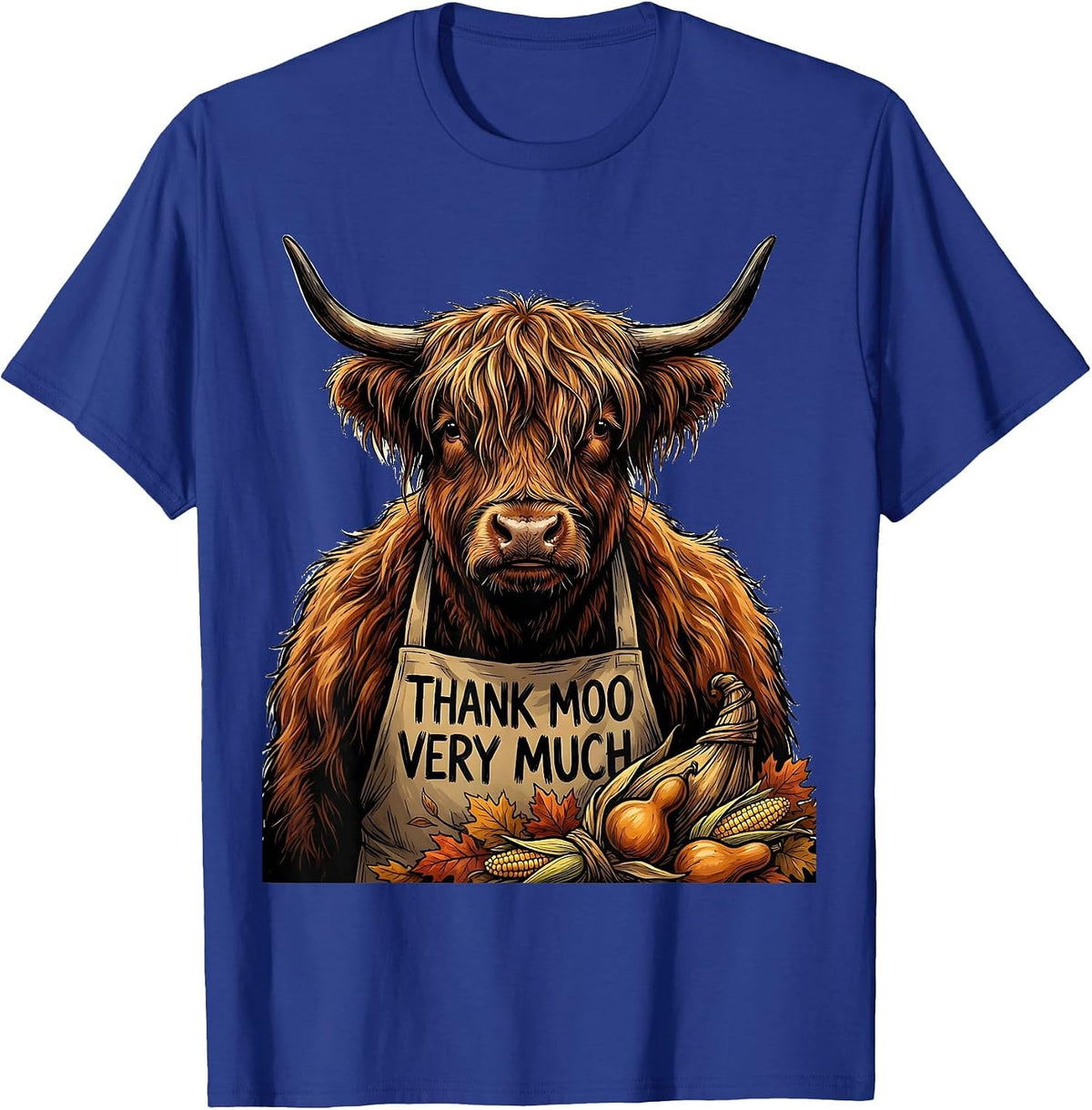 Thank Moo Very Much Cartoon Highland Cow Fall Halloween T-Shirt - Royal Blue