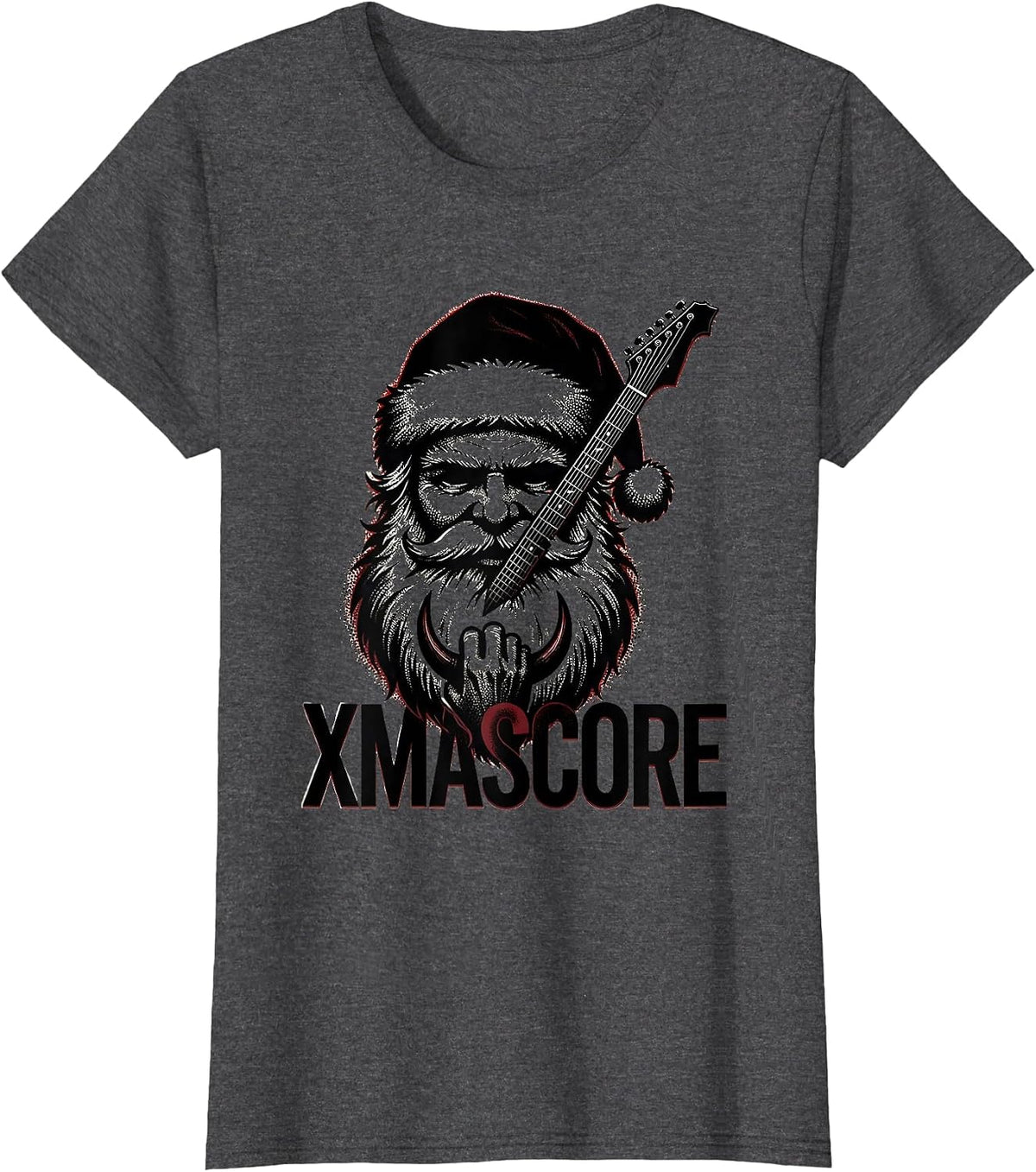 Women's Xmascore Blackwork Dotwork Rock Metal Santa Guitarist T-Shirt - Dark Heather Grey