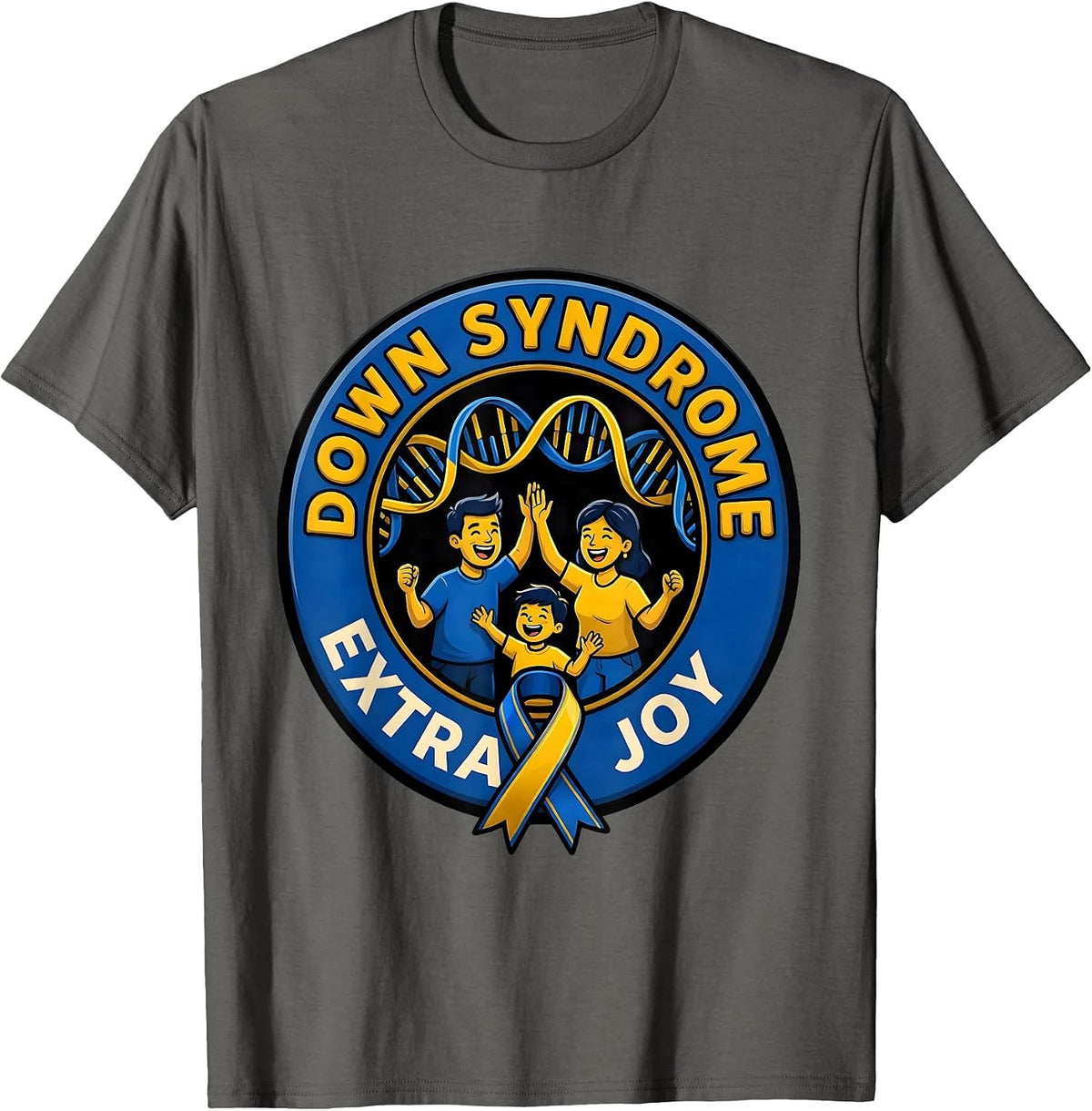 Down Syndrome Extra Joy Cartoon Family Support Awareness T-Shirt - Asphalt Grey