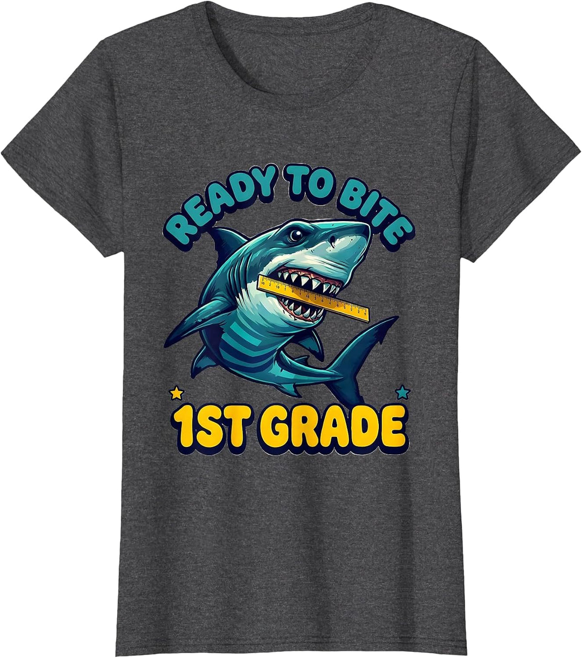 Women's Ready To Bite 1st Grade Bold Bubbly Shark Back To School T-Shirt - Dark Heather Grey