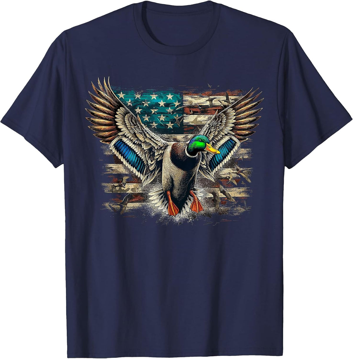 Duck American Flag Waterfowl Hunting T-Shirt - Navy Blue