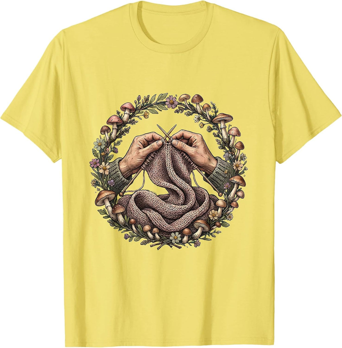 Men's Grandma Knitting Colorful Scarf Illustration T-Shirt - Lemon Yellow