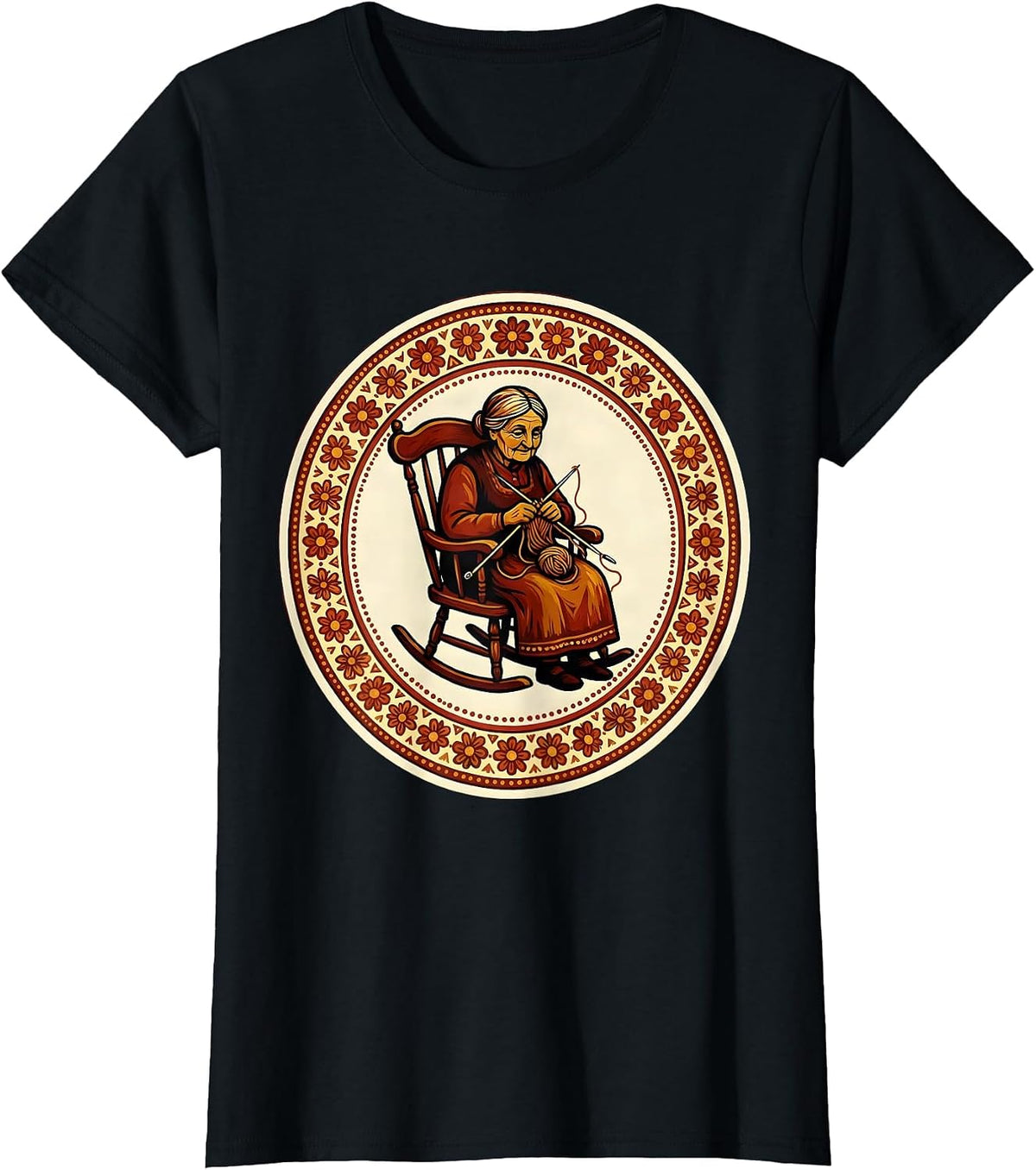 Women's Nana Knitting in Rocking Chair Graphic T-Shirt - Black