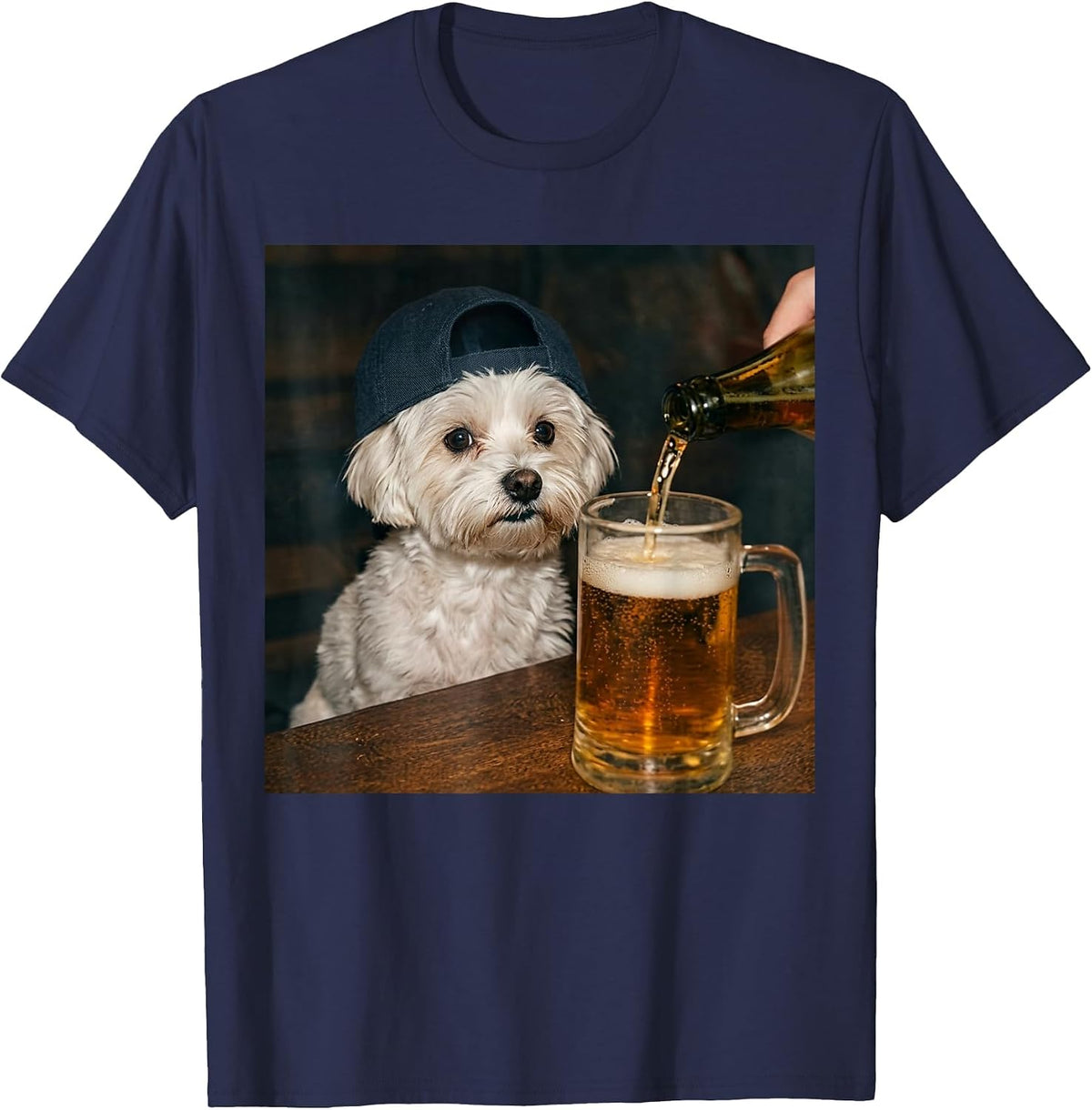 Maltese Drinking Beer Funny Dog Meme T-Shirt - Navy Blue