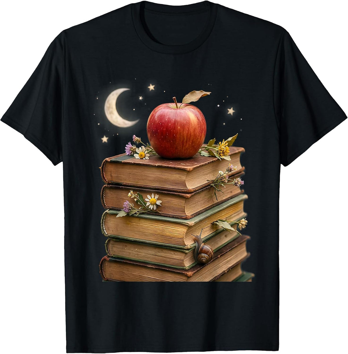 Men's Reading Teacher Stack of Books Apple Illustration T-Shirt - Black