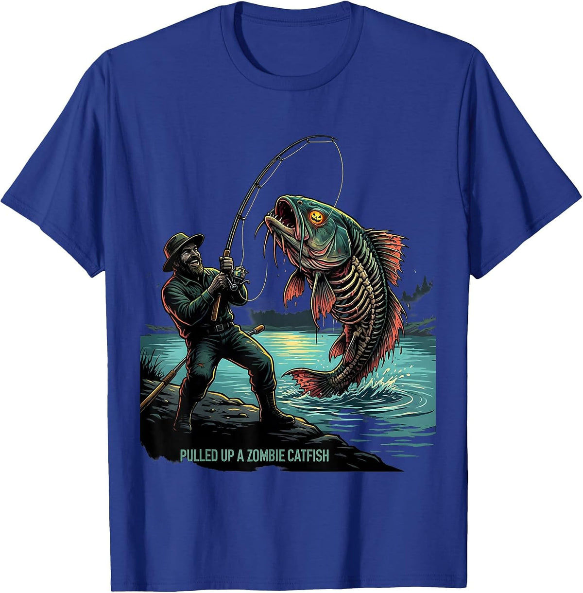 Pulled Up A Zombie Catfish Funny Halloween Fishing Spooky T-Shirt - Royal Blue