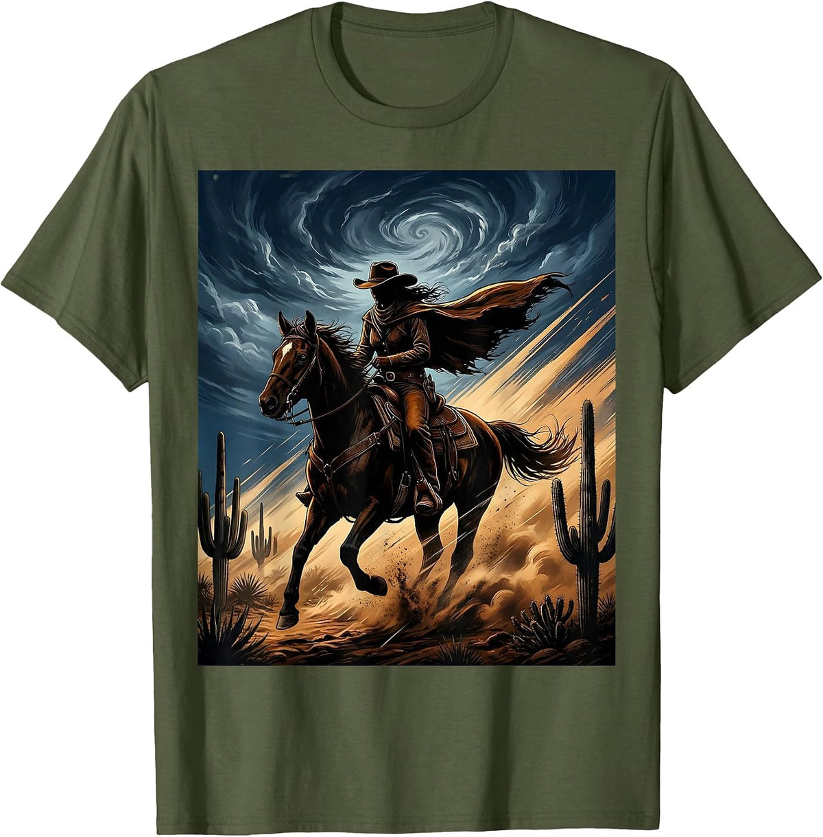 Cowgirl Riding Horse Through Desert Storm T-Shirt - Olive Green