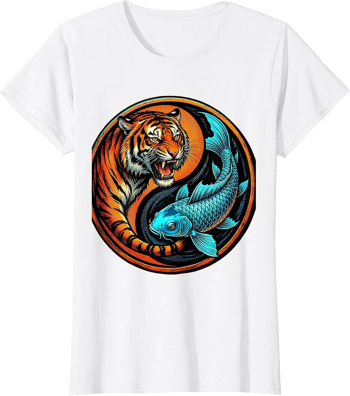 Tiger and Koi Fish Yin-Yang Balance Design T-Shirt - White