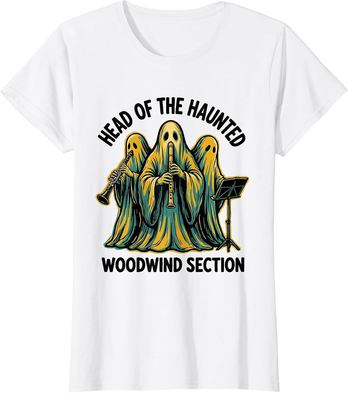 Women's Head of the Haunted Woodwind Section Whimsical Music Teacher T-Shirt - White