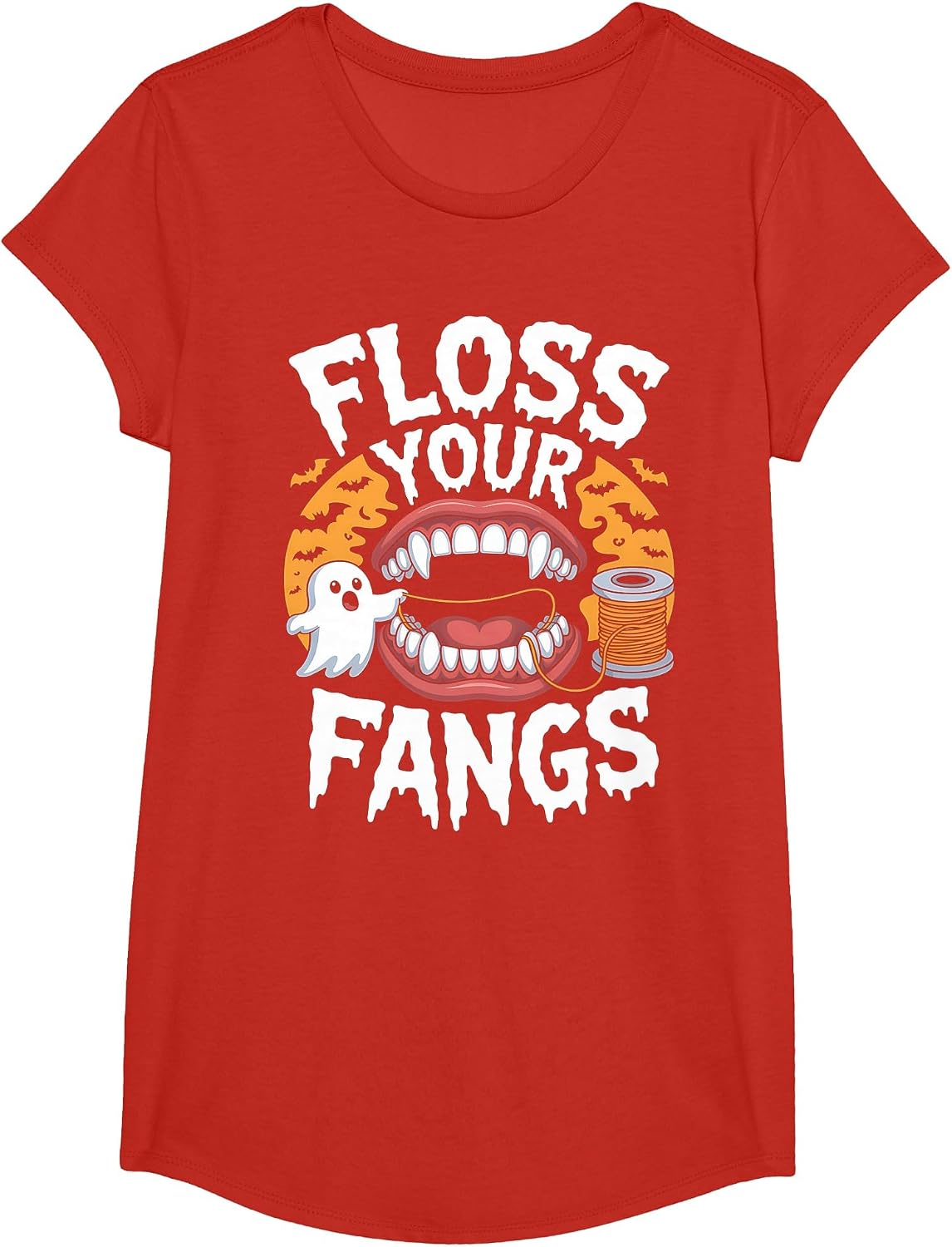 Floss Your Fangs Dental Halloween Shirt Dentist Halloween T-Shirt - Girls Red