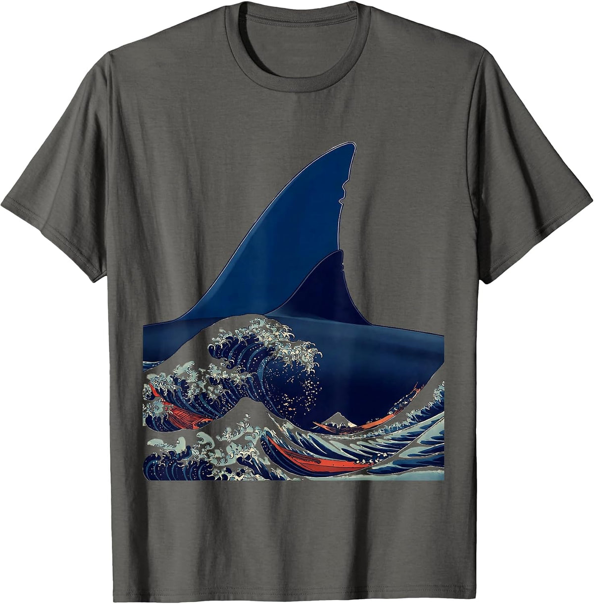 Men's Shark Fin Check Mark Ukiyo-e Ocean Animal Humor T-Shirt - Asphalt Grey