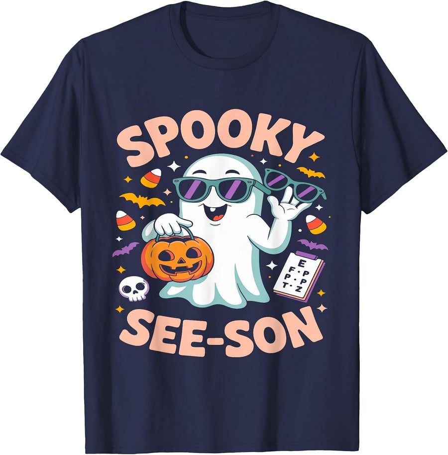 Spooky See Son Optometry Funny Ghost Halloween Costume T-Shirt - Navy Blue