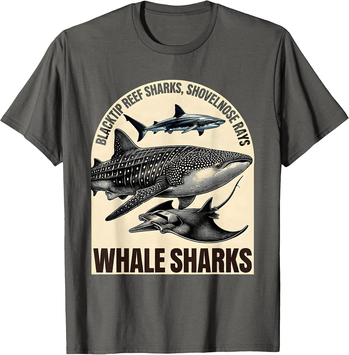 Men's Blacktip Reef Sharks, Shovelnose Rays, Whale Sharks Humor T-Shirt - Asphalt Grey