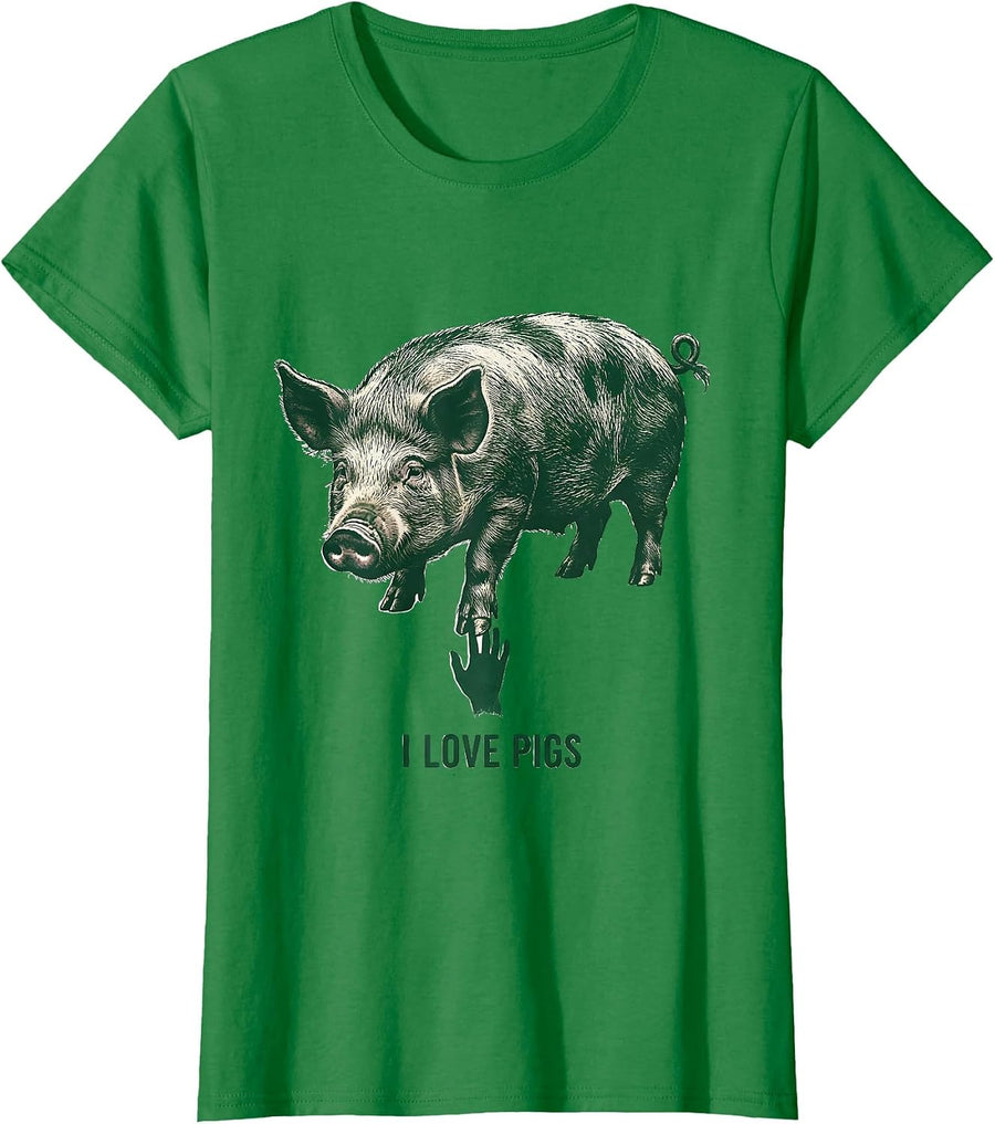 Women's I Love Pigs Funny Pig Farm Animal Lover Rubber Stamp T-Shirt - Kelly Green