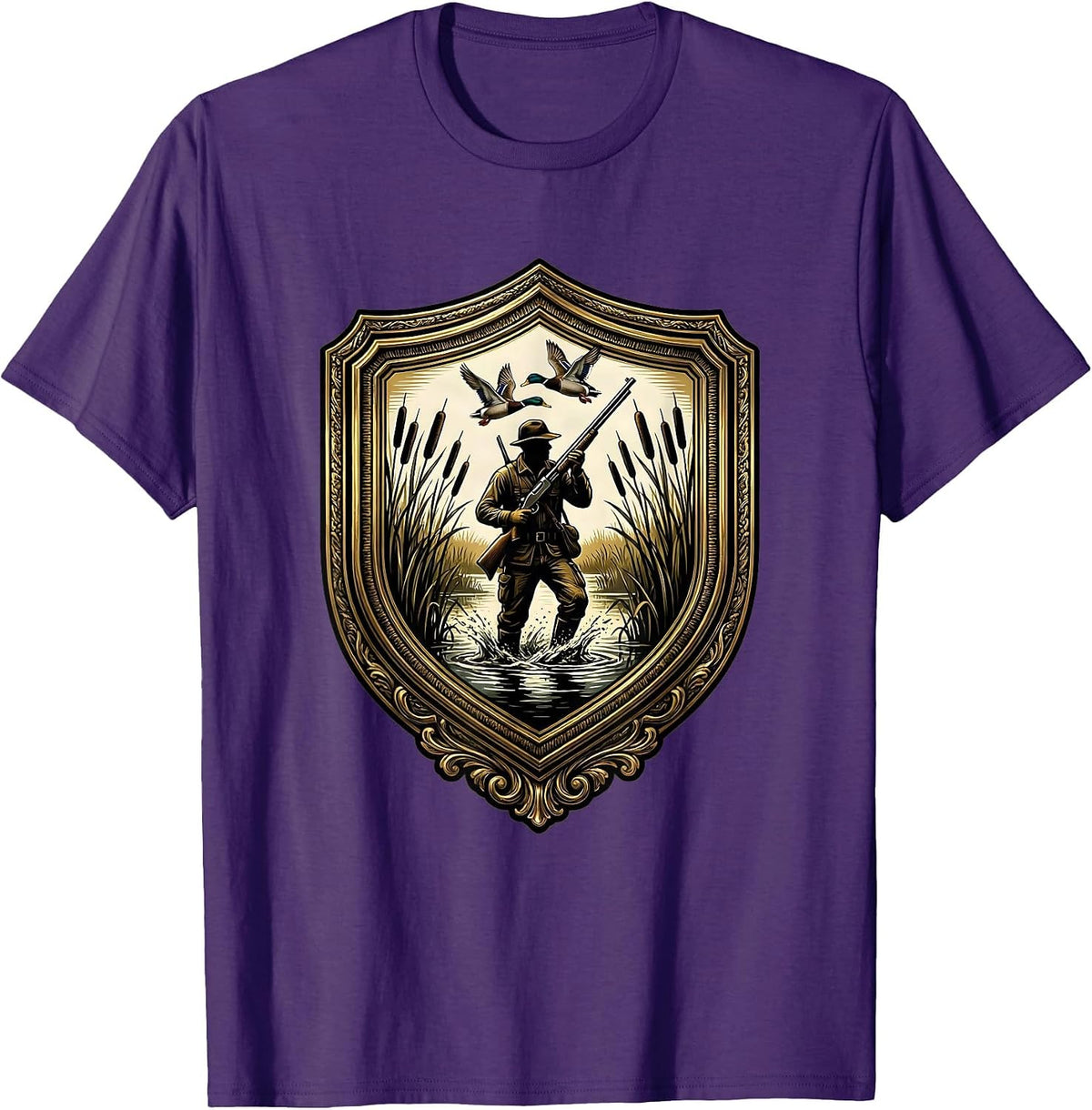 Camo Waterfowl Hunter Wading Through Marsh T-Shirt - Purple