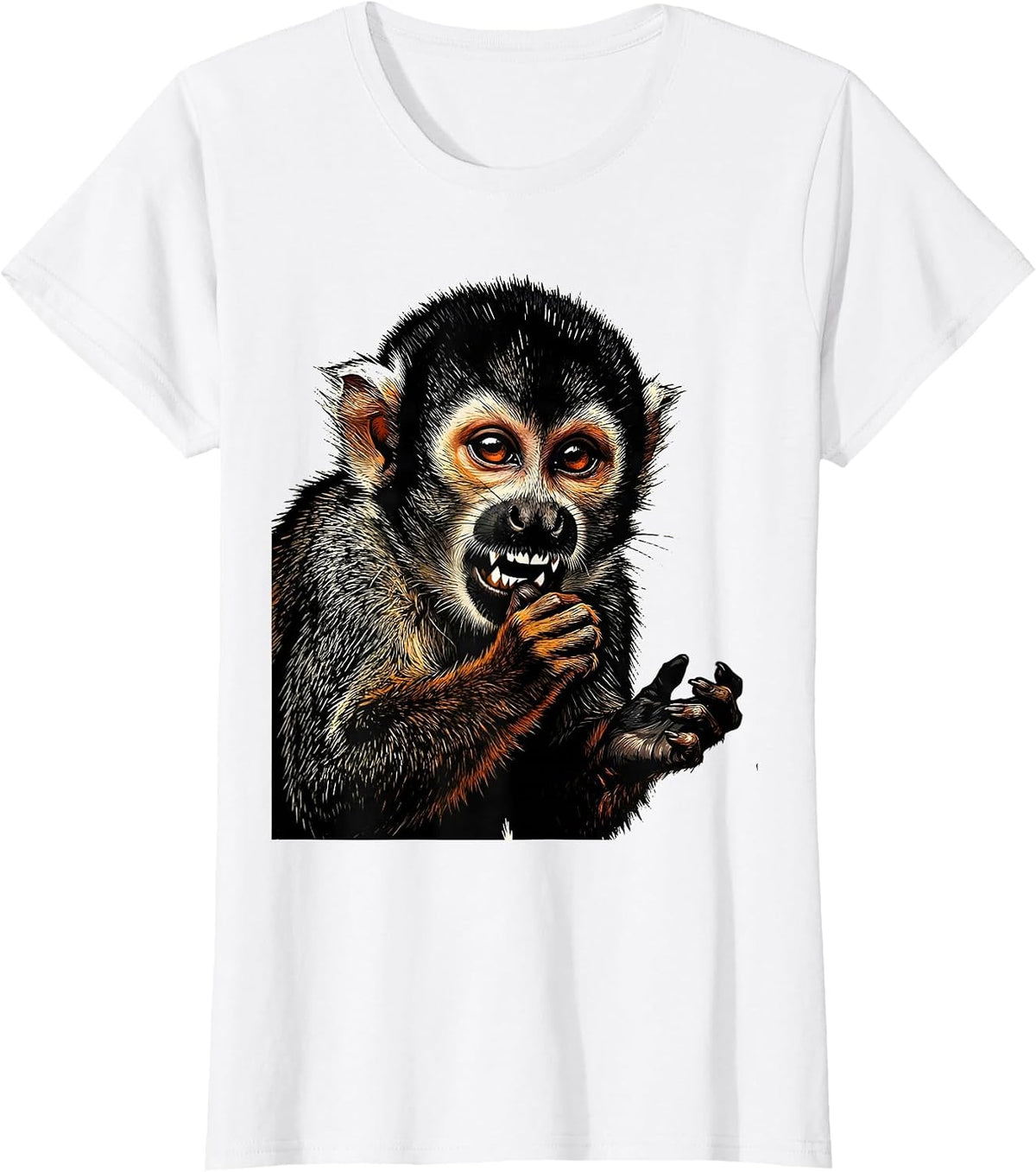 Women's Cropped Squirrel Monkey Linocut Funny Animal Meme Humor T-Shirt - White