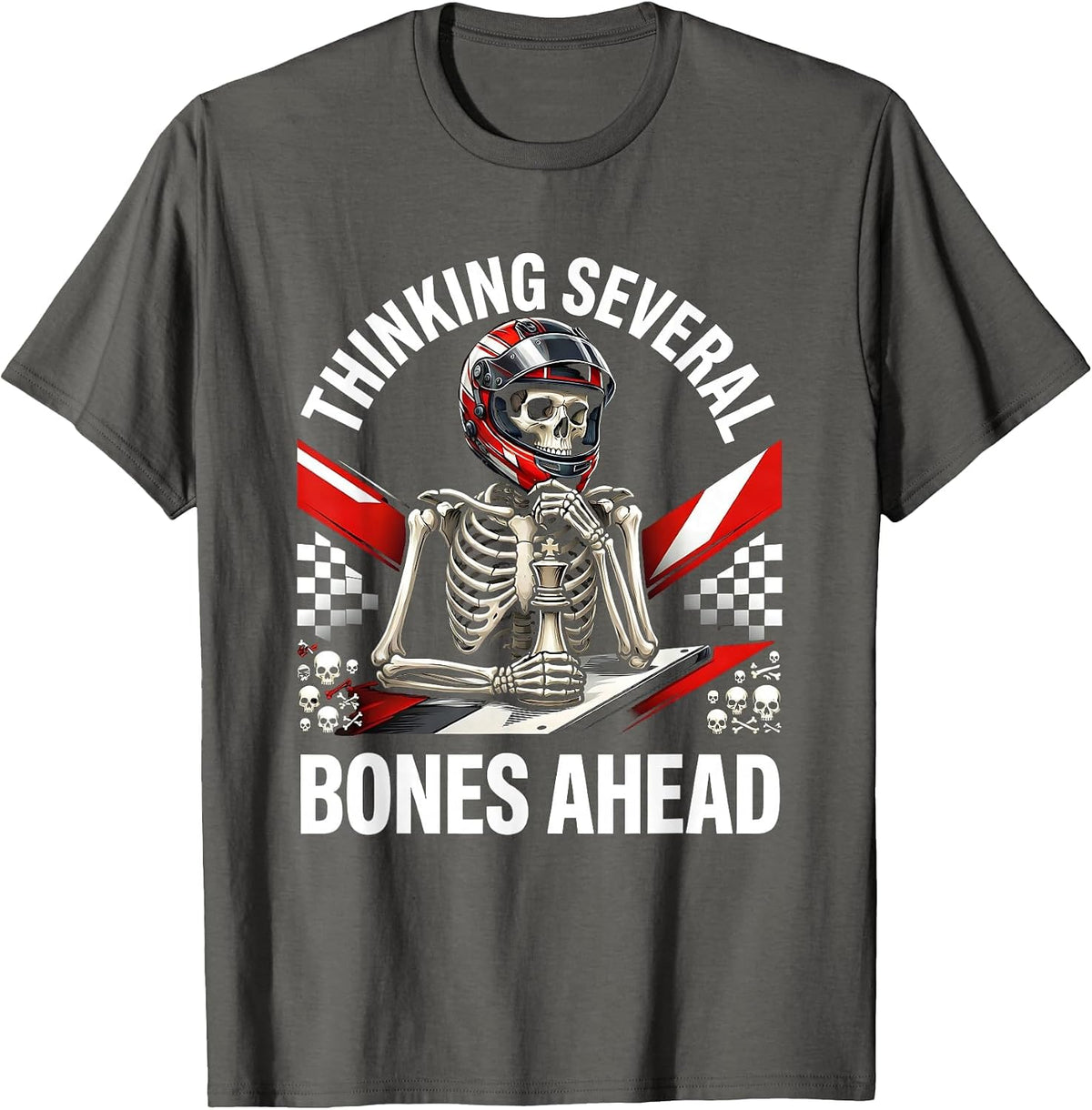 Men's Halloween Skeleton Chess Player Thinking Design T-Shirt - Asphalt Grey