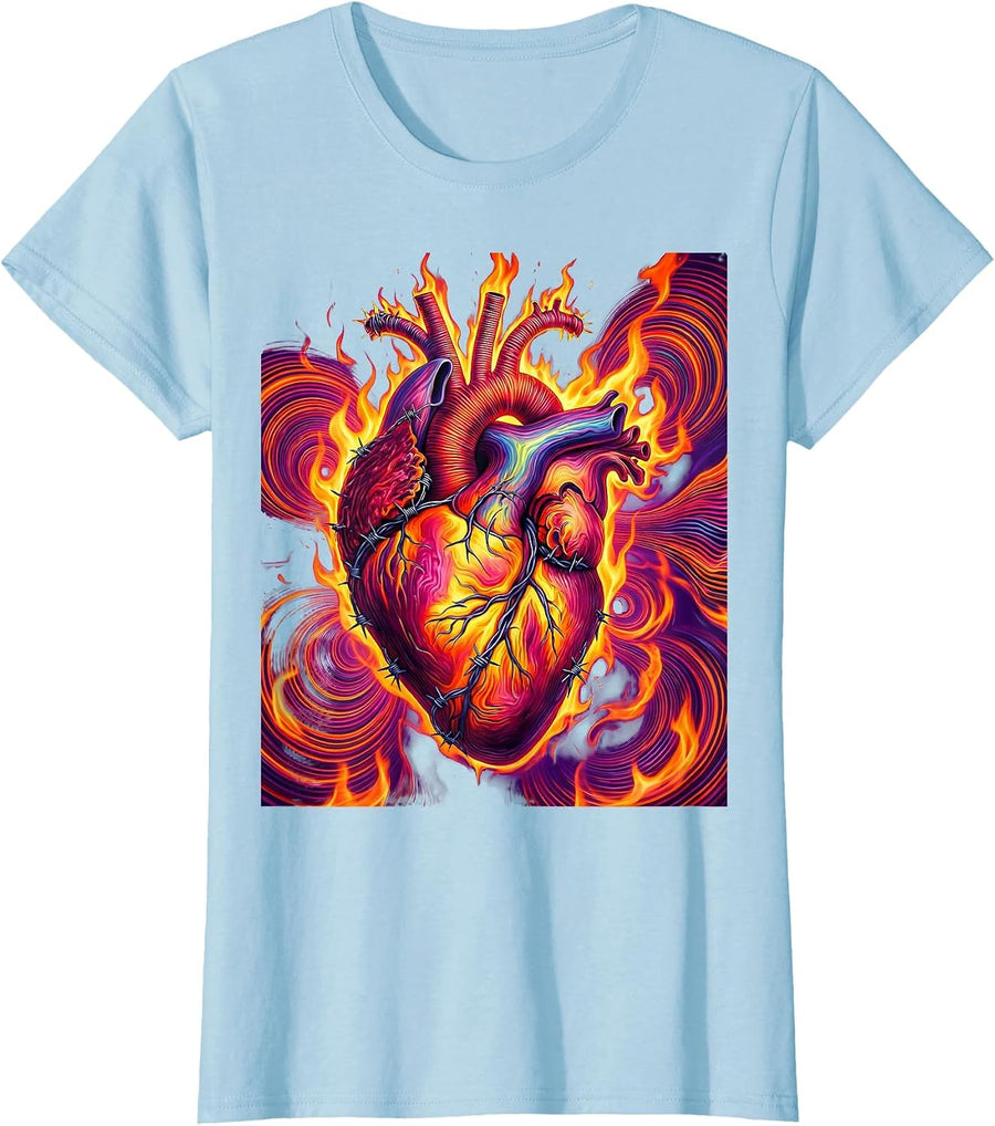 Women's Flaming Heart Barbed Wire Graphic Design T-Shirt - Baby Blue
