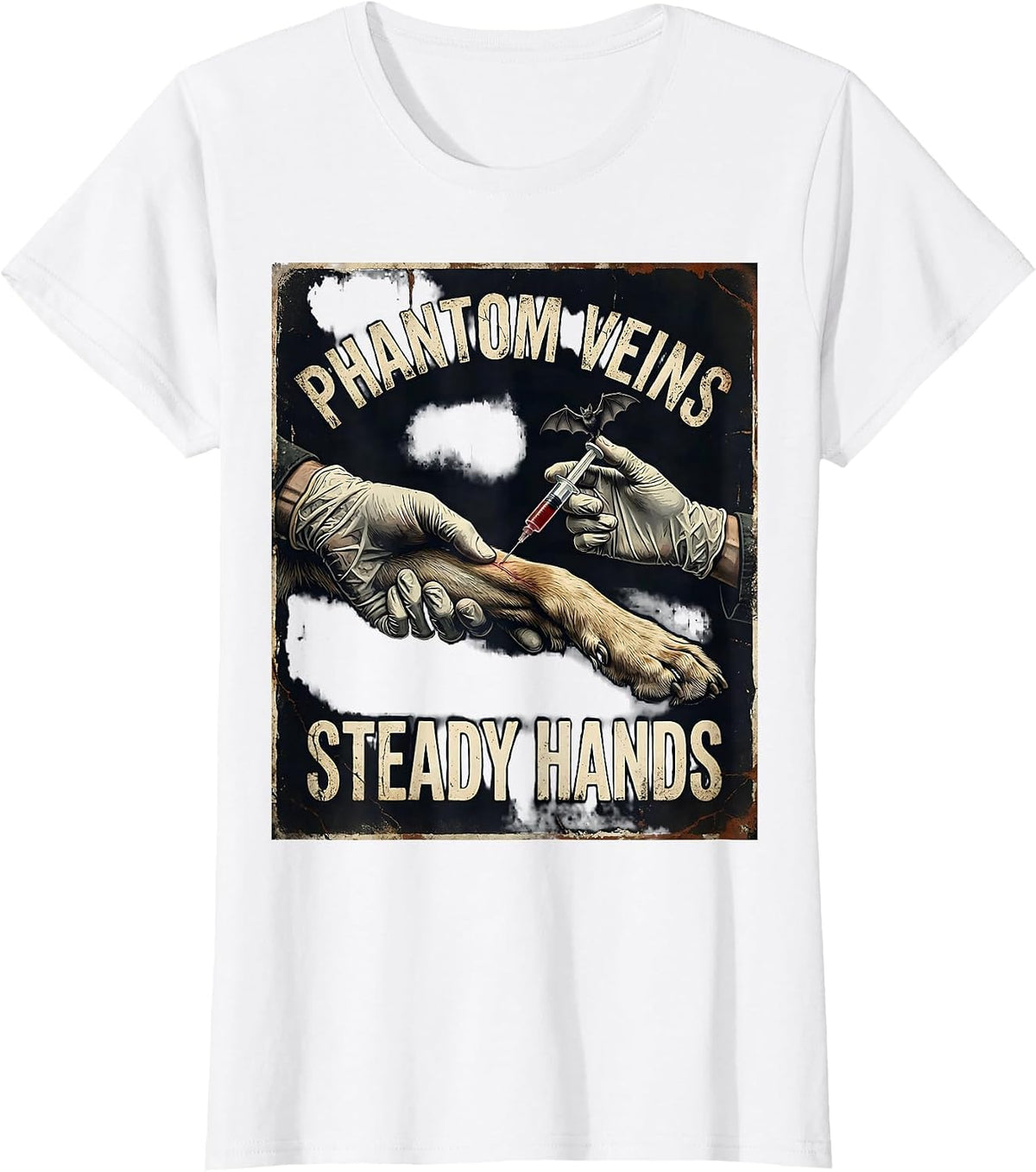 Women's Phantom Veins Steady Hands Distressed Vet Tech Halloween T-Shirt - White