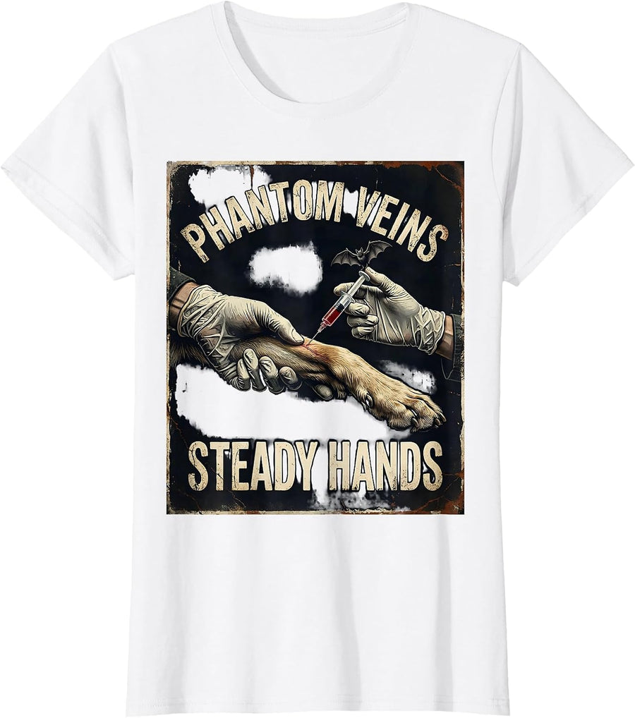 Women's Phantom Veins Steady Hands Distressed Vet Tech Halloween T-Shirt - White