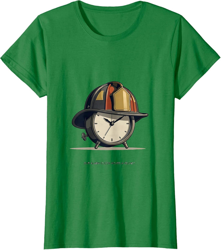 Women's Our Alarm Clock Wears A Helmet Funny Firefighter Family T-Shirt - Kelly Green