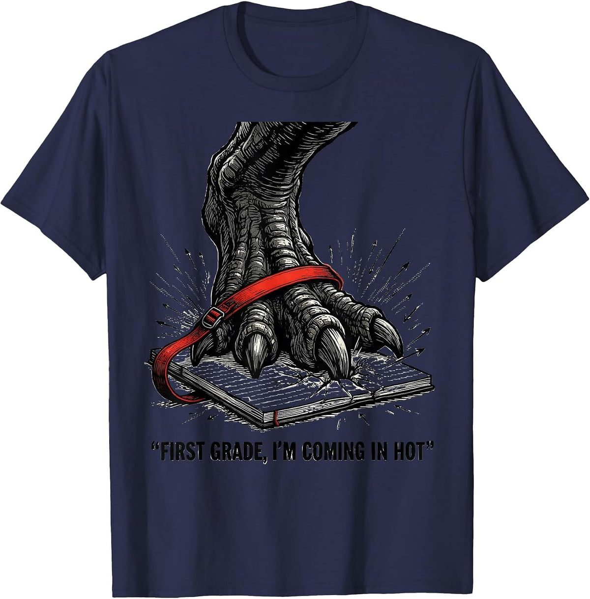 Men's First Grade Im Coming In Hot Funny Dinosaur Boy Back T-Shirt - Navy Blue