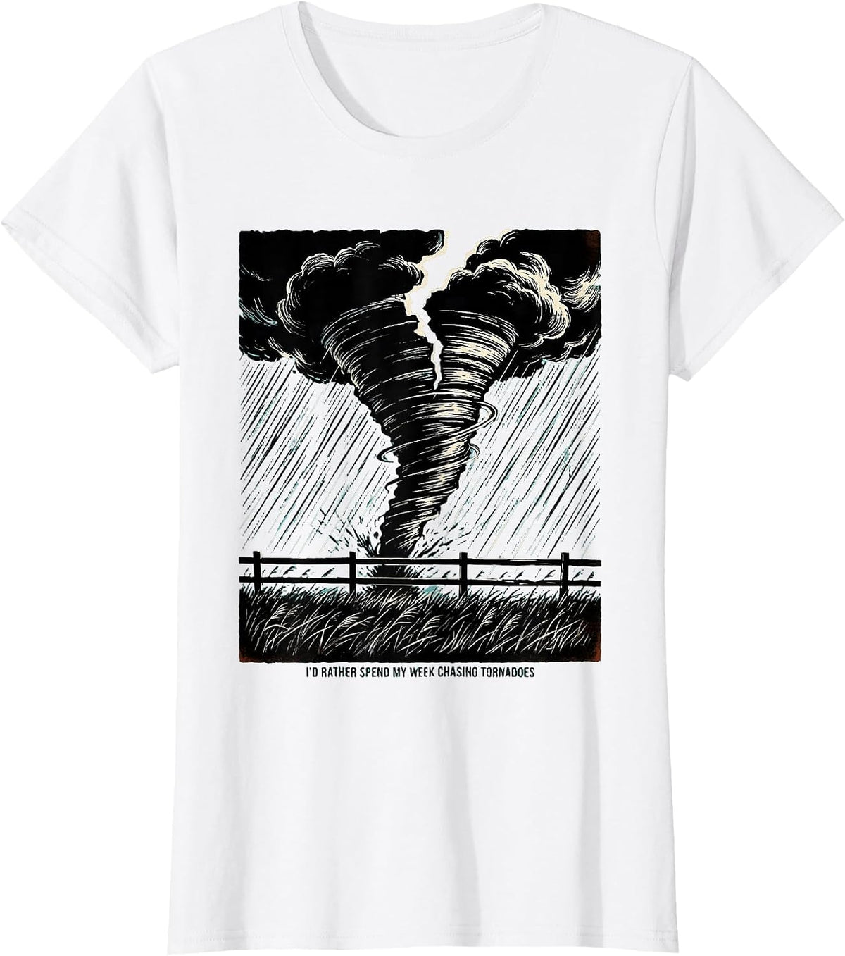 Women's I'd Rather Spend My Week Chasing Tornadoes Linocut T-Shirt - White