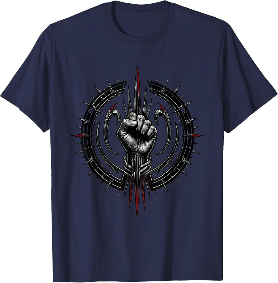 Tattooed Hand Gripping Tattoo Needle Art T-Shirt - Navy Blue