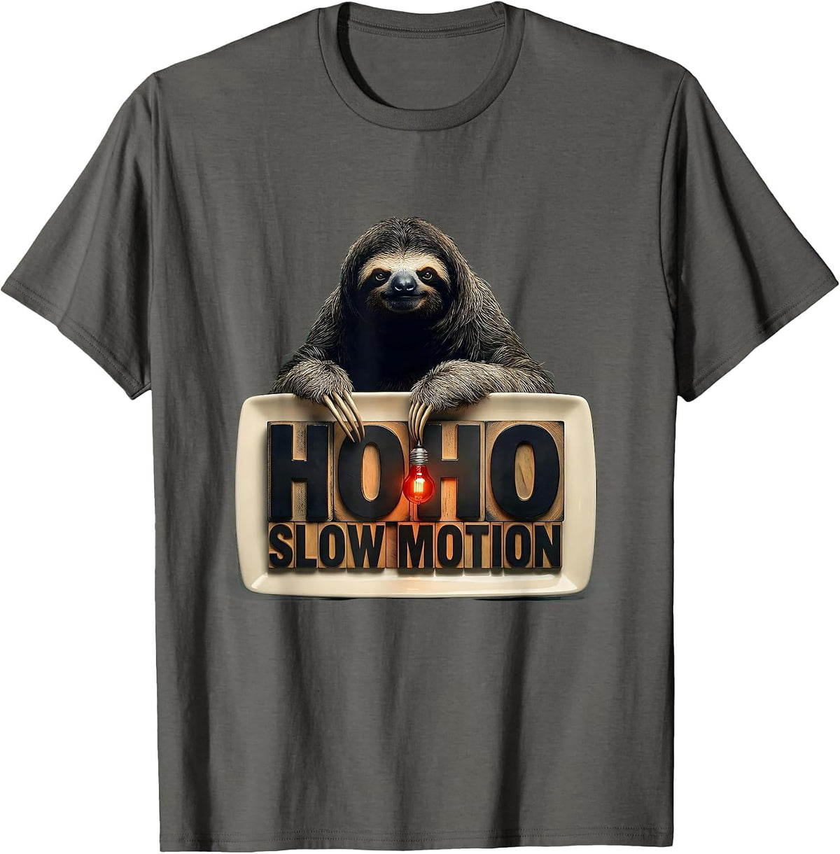Ho Ho, Slow Motion Funny Sloth Novelty Christmas Humor T-Shirt - Asphalt Grey