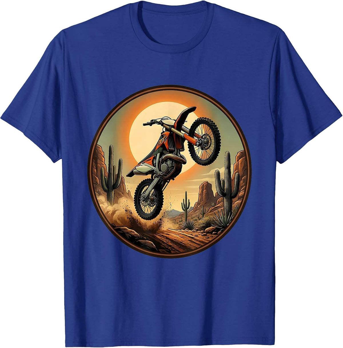 Dirt Bike Mid-Jump Over Desert Cacti Graphic T-Shirt - Royal Blue