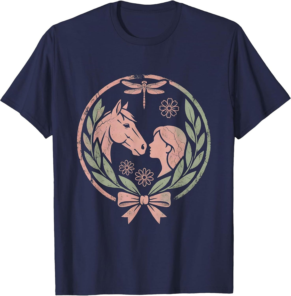 Horse and Rider Nose-to-Nose Western Portrait T-Shirt - Navy Blue
