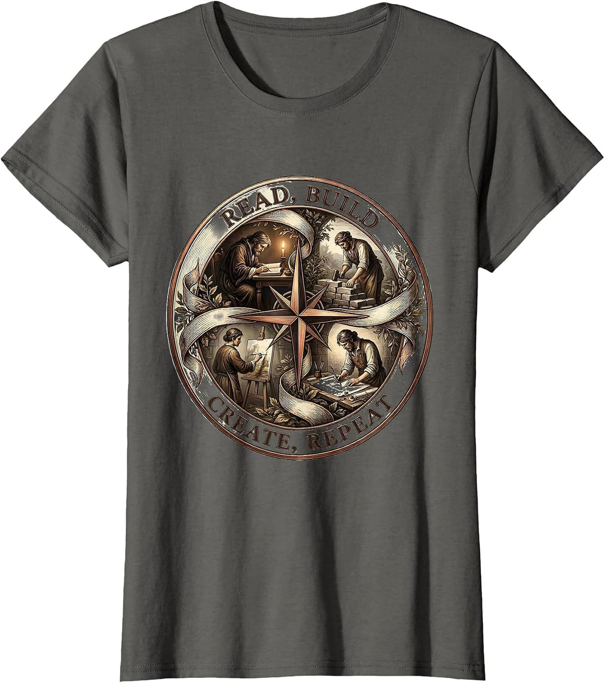 Women's Read Build Create Repeat Renaissance Men Design T-Shirt - Asphalt Grey