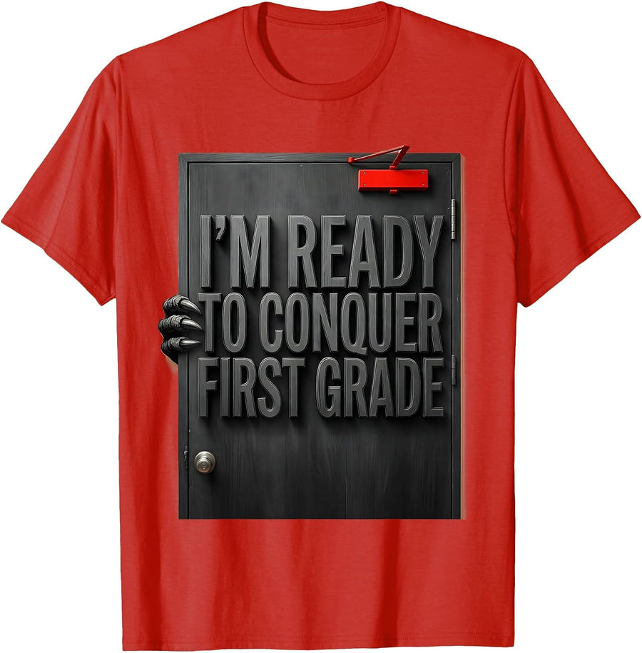 Men's I'm Ready To Conquer First Grade Funny Dinosaur Boy Back T-Shirt - Red