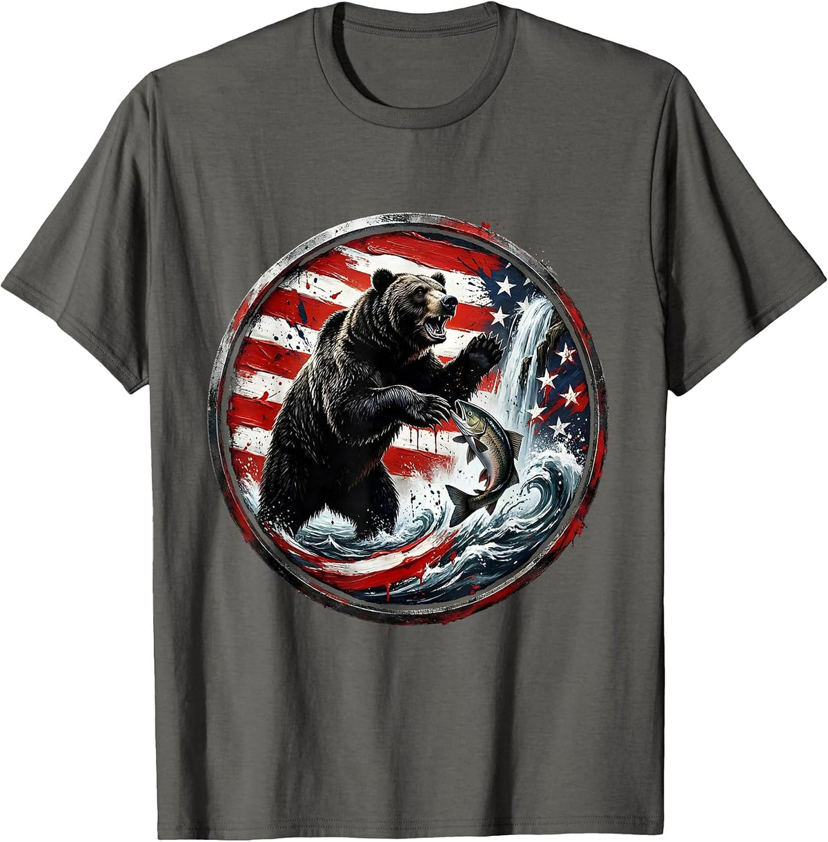 Men's Bear Catching Salmon in Rushing Waterfall T-Shirt - Asphalt Grey