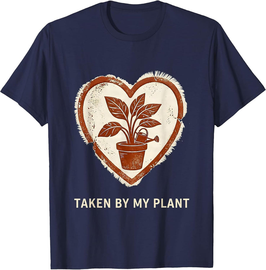 Taken By My Plant Heart Rubber Stamp Valentines Day Humor T-Shirt - Navy Blue