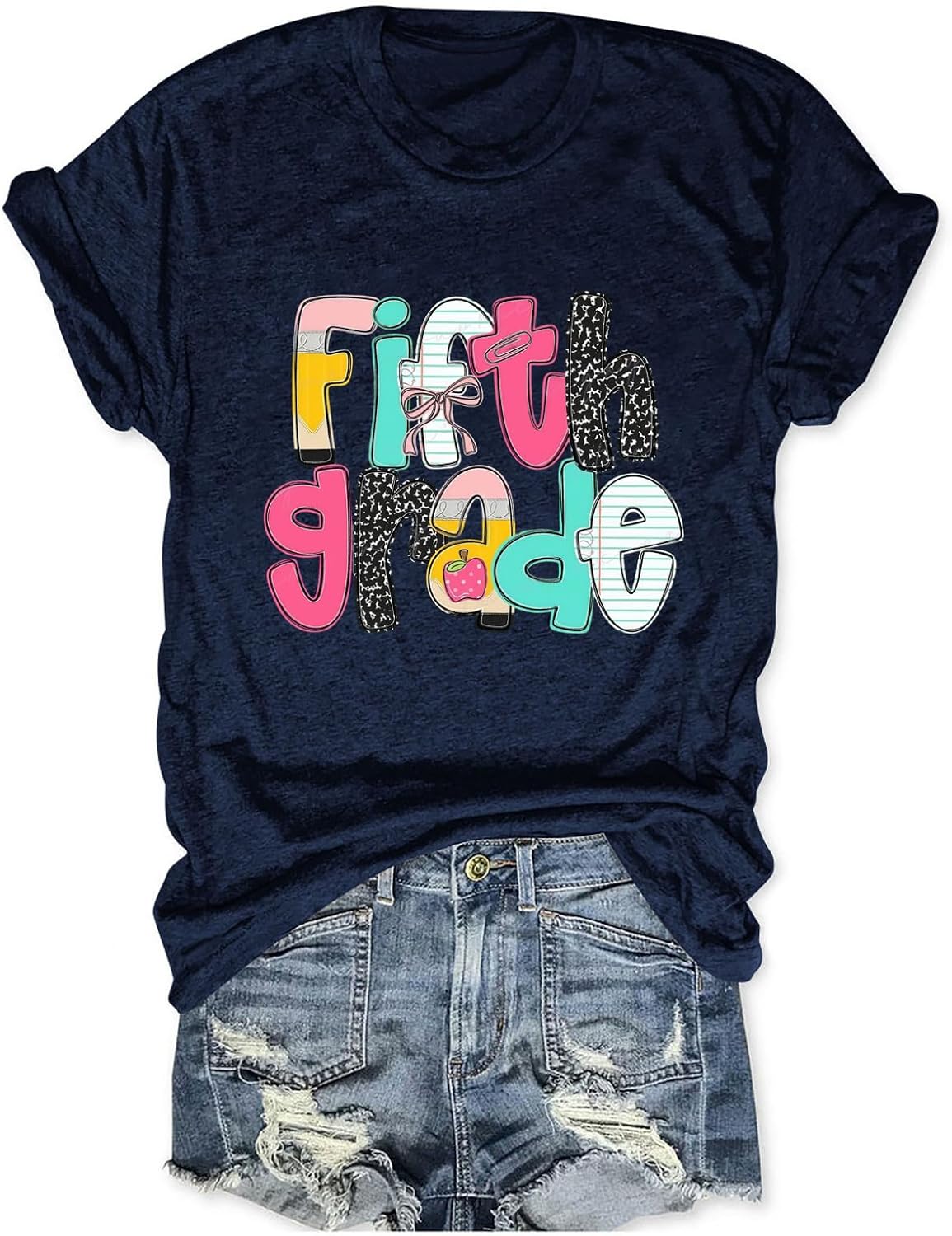 Fifth Grade Teacher Shirts Women Cute 5th Teaching Life Graphic Tee Shirt - Navy Blue