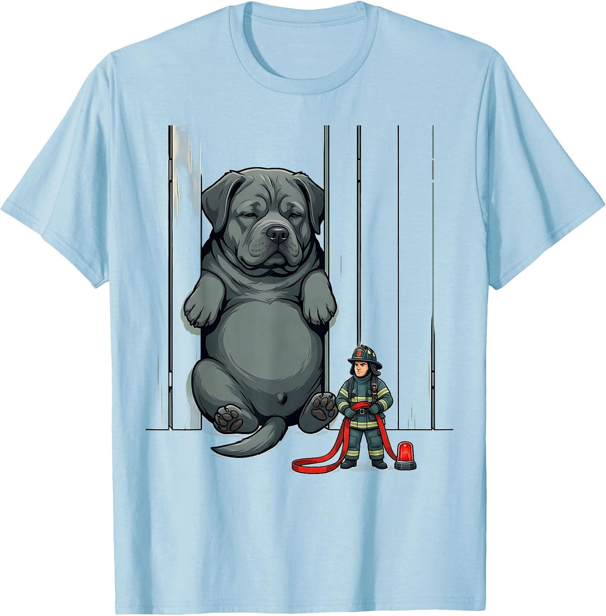 Men's Dog In Fence Firefighter Rescue Humor Novelty T-Shirt - Baby Blue